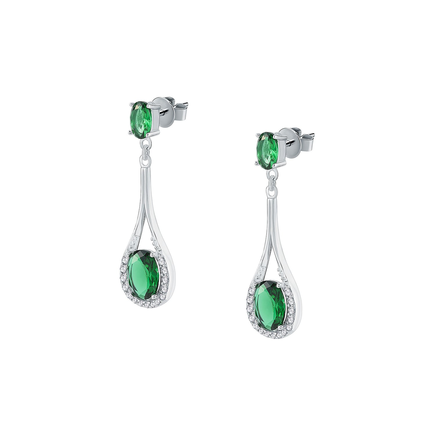 Boucles D'oreilles Clous En Argent 925 Rhodié Avec émeraude Et Zirconium - Neuvès Avec étiquettes